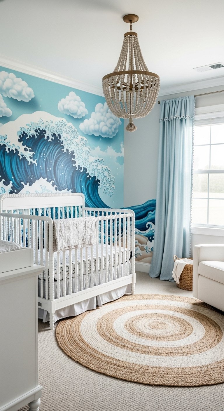 Chambre bébé avec fresque murale grande vague et lit blanc