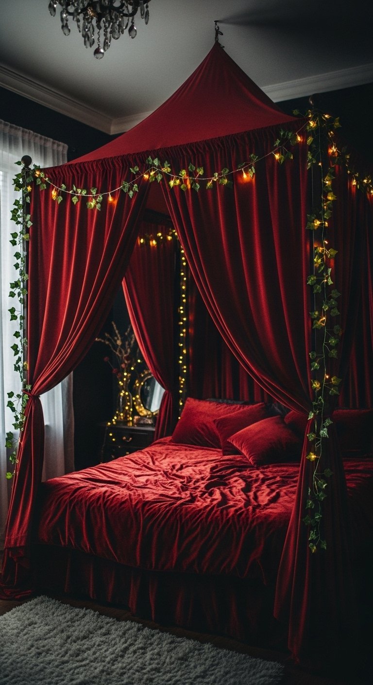 Chambre boheme sombre avec lit a baldaquin en velours rouge