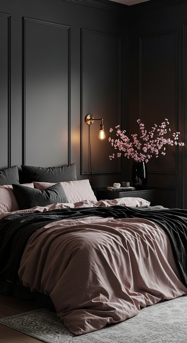 Chambre chic avec murs noirs et parure de lit rose poudré