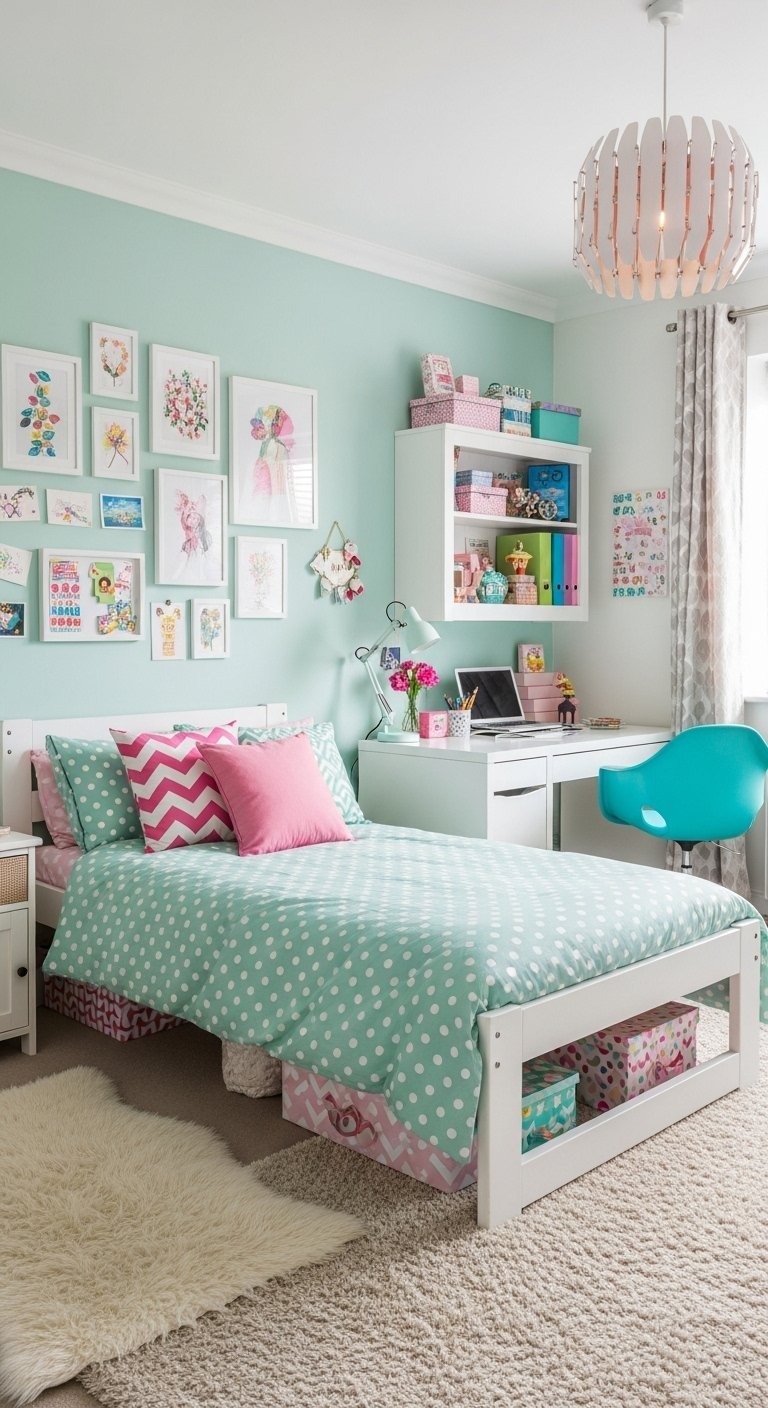 Chambre d ado aux murs vert menthe avec des touches de rose et un mur de cadres