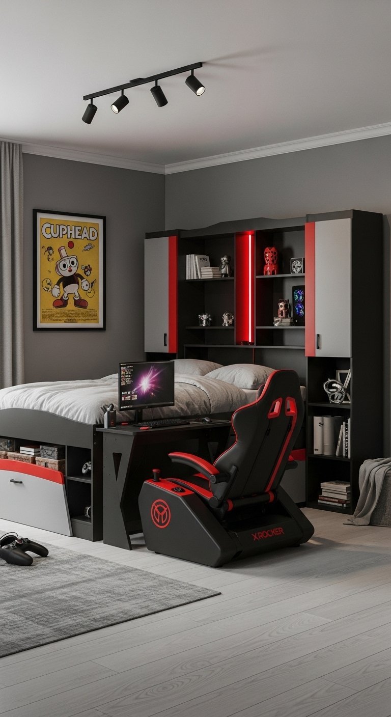 Chambre de garçon pour gamer avec lit surélevé et bureau de jeu noir et rouge