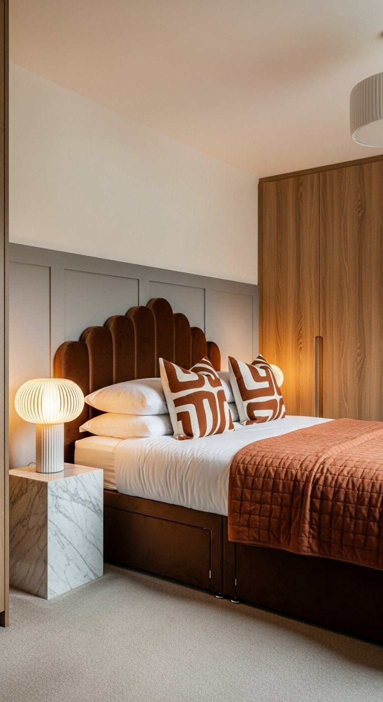 Chambre élégante avec tête de lit en velours marron et table de chevet en marbre