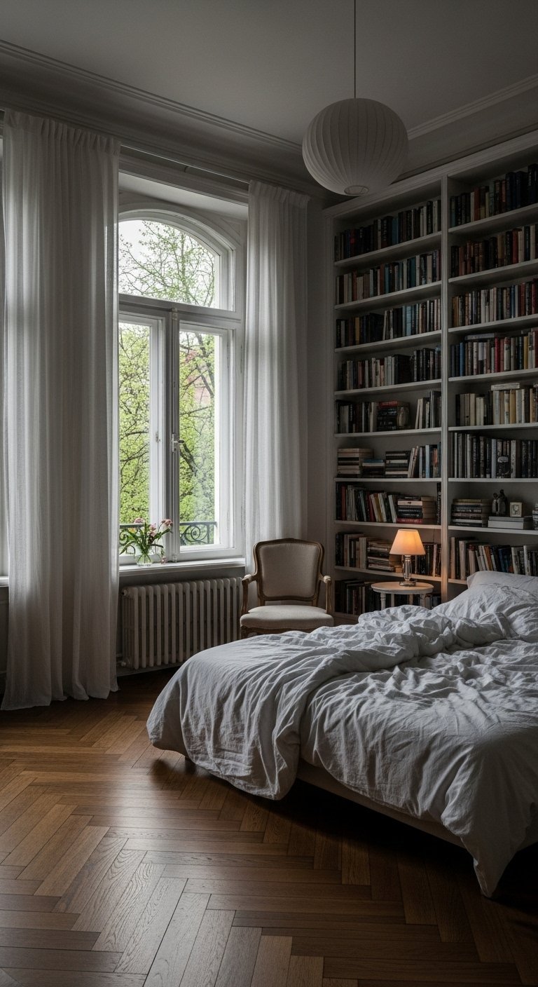 Chambre élégante avec une bibliothèque murale du sol au plafond