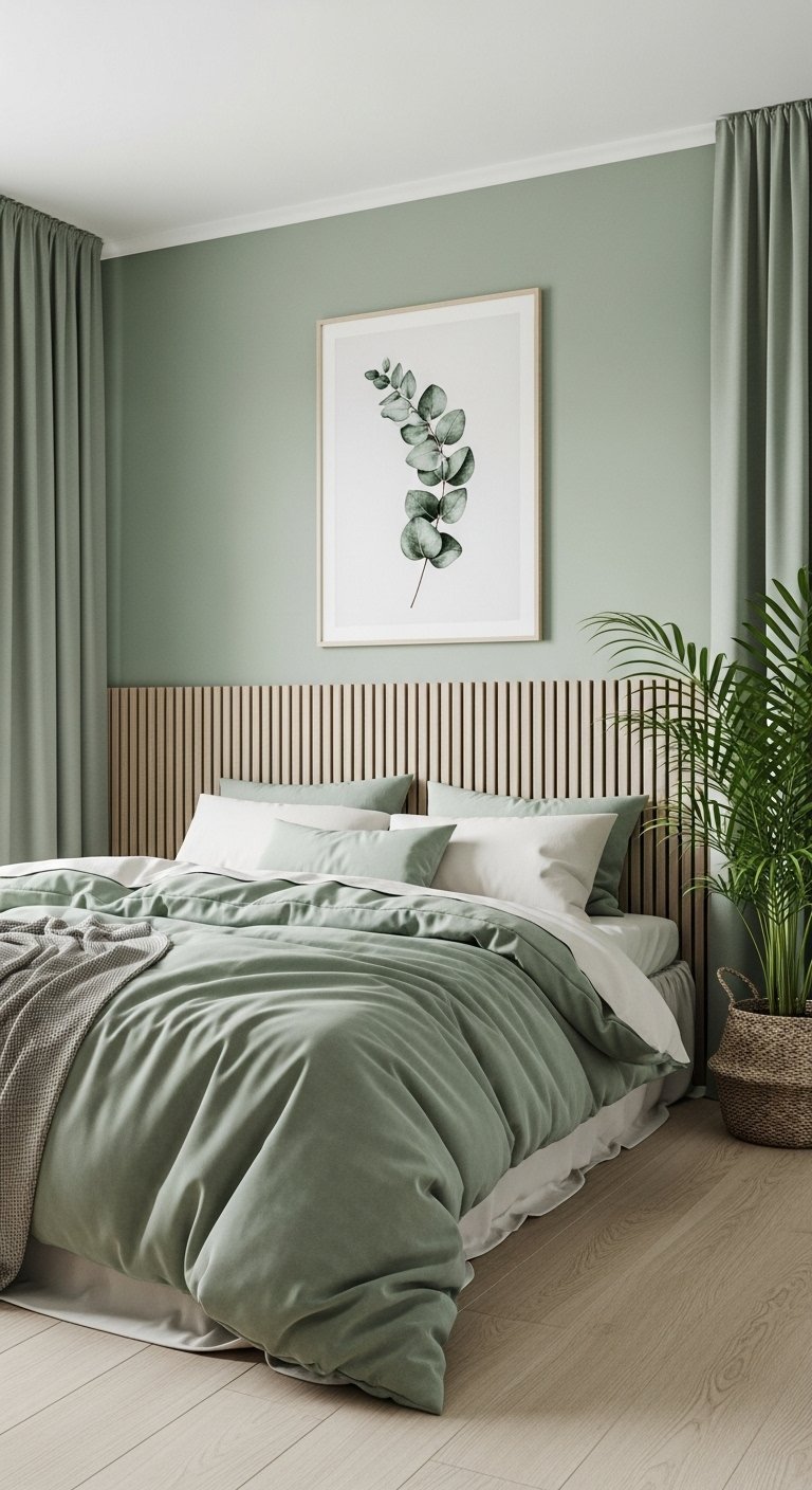 Chambre moderne vert sauge avec tete de lit en tasseaux de bois clair