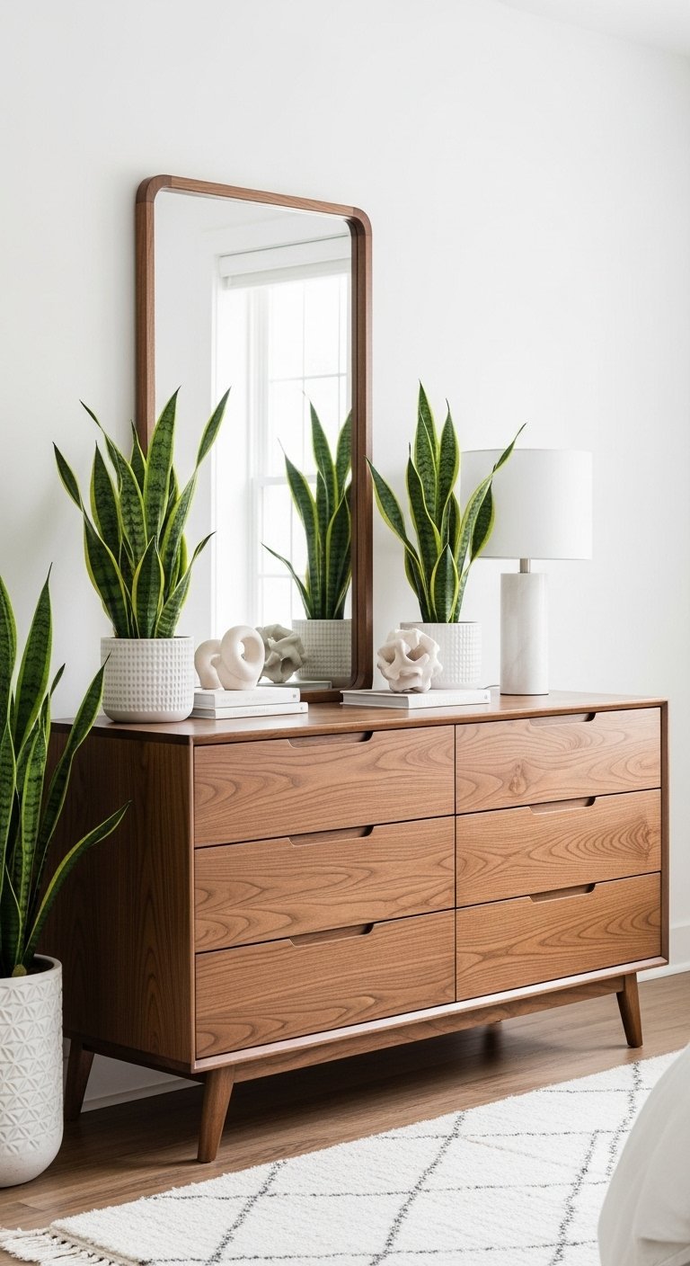 Commode de style Mid Century en bois avec six tiroirs et plantes vertes