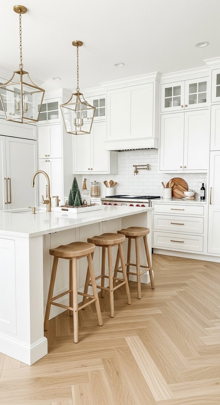 Cuisine campagne chic blanche avec ilot central et details en laiton dore