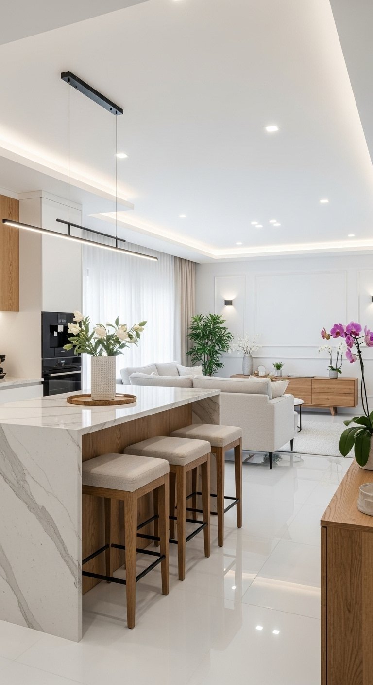 Cuisine ouverte sur un salon minimaliste avec des meubles en bois clair