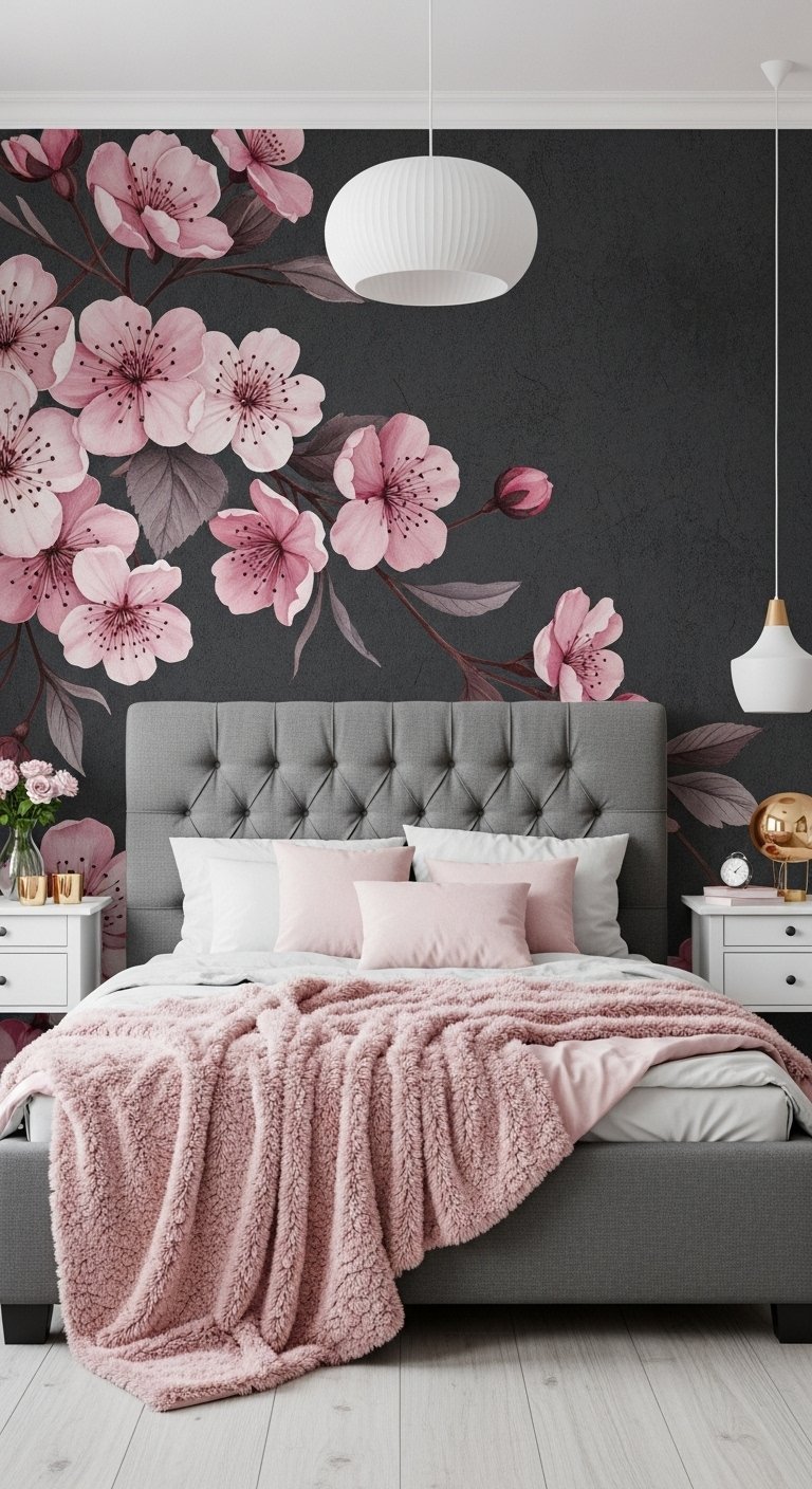 Décoration chambre femme moderne avec mur d accent floral sombre