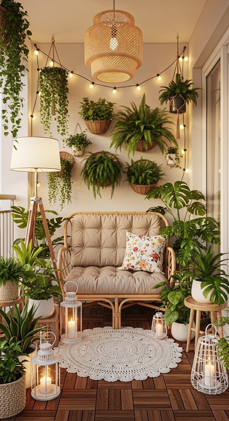 Decoration petit balcon boheme avec banquette en rotin et nombreuses plantes vertes suspendues