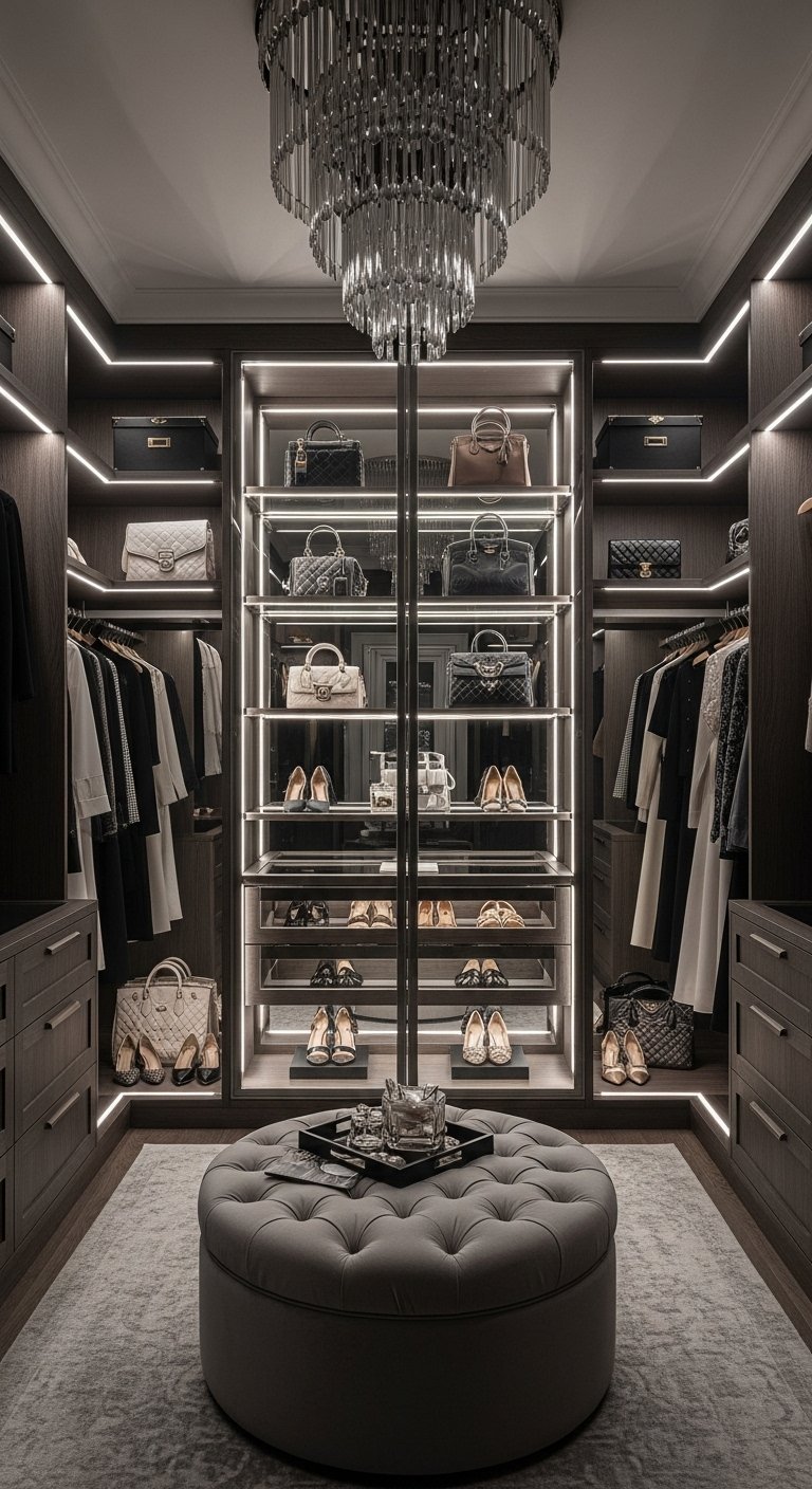 Dressing de luxe en bois foncé avec étagères vitrées pour sacs et chaussures