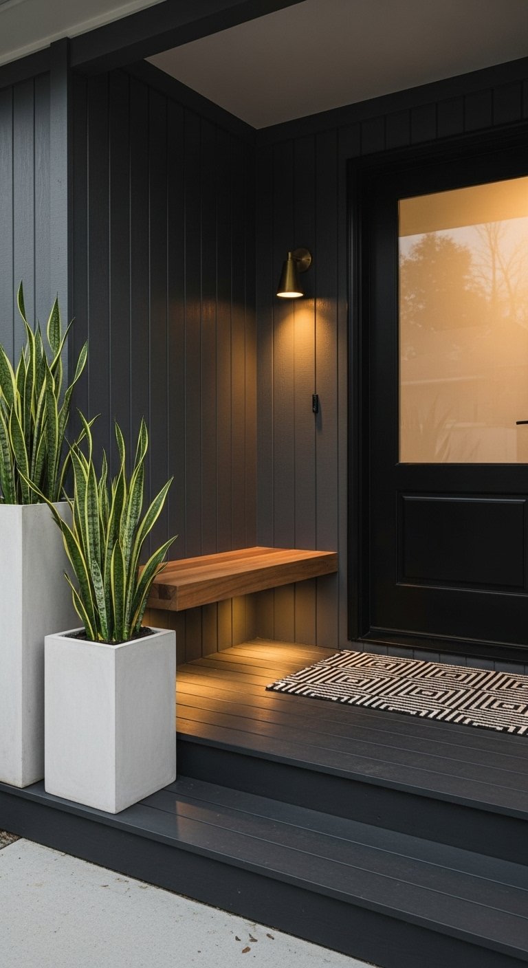 Entree de maison exterieure vert olive avec porte en bois et paniers en osier