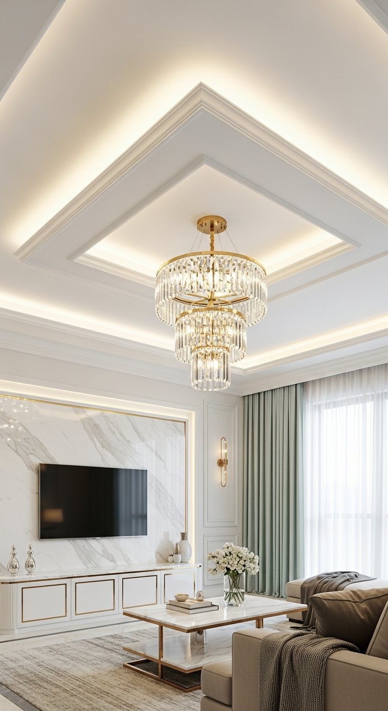Faux plafond avec moulures et éclairage indirect dans un salon moderne avec lustre en cristal