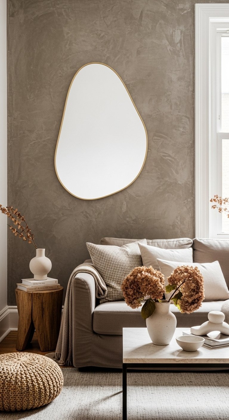 Grand miroir de forme libre avec un cadre doré fin accroché sur un mur texturé