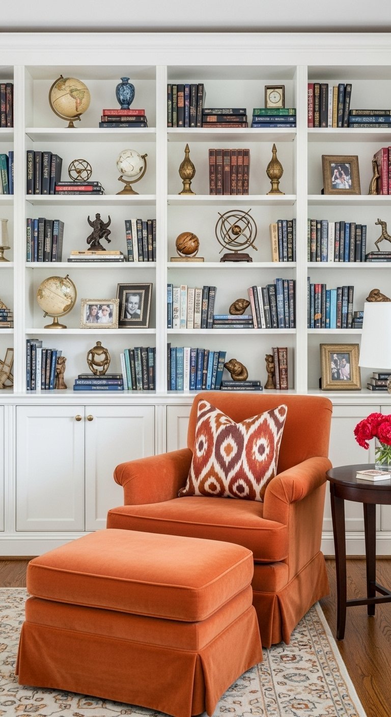 Grand mur de bibliothèque blanc de style classique avec un fauteuil en velours orange