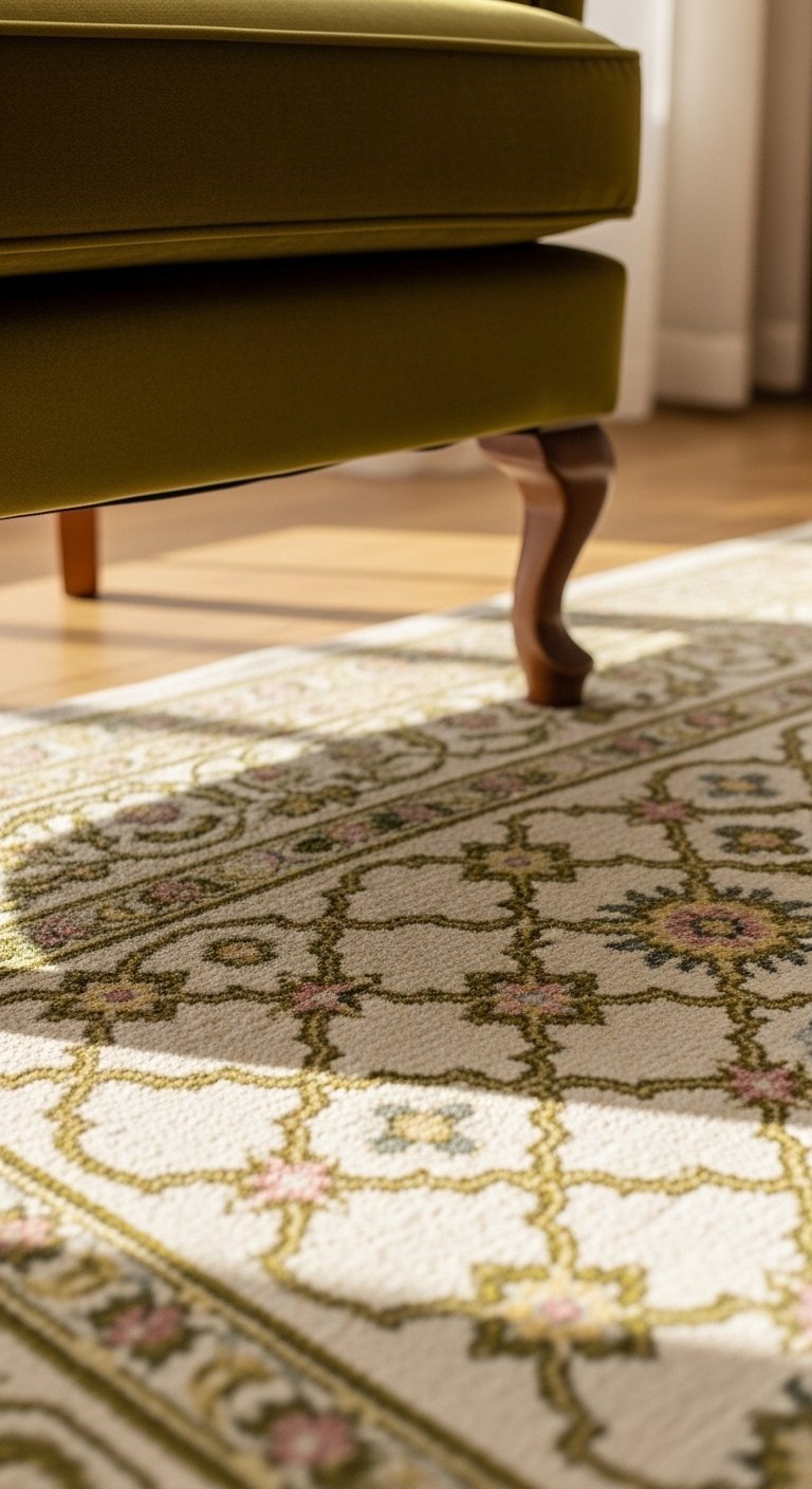 Gros plan sur un tapis de salon de style vintage avec des motifs floraux délicats