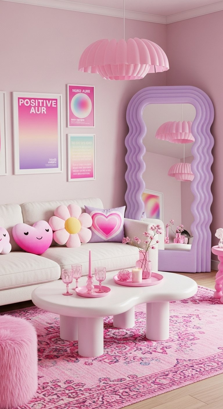 Intérieur de salon moderne avec des couleurs pastel rose et violet et un miroir ondulé.