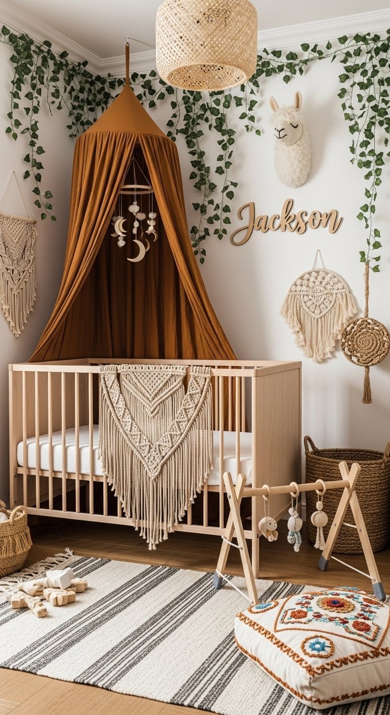 Lit bebe en bois clair avec ciel de lit terracotta et decorations macrame