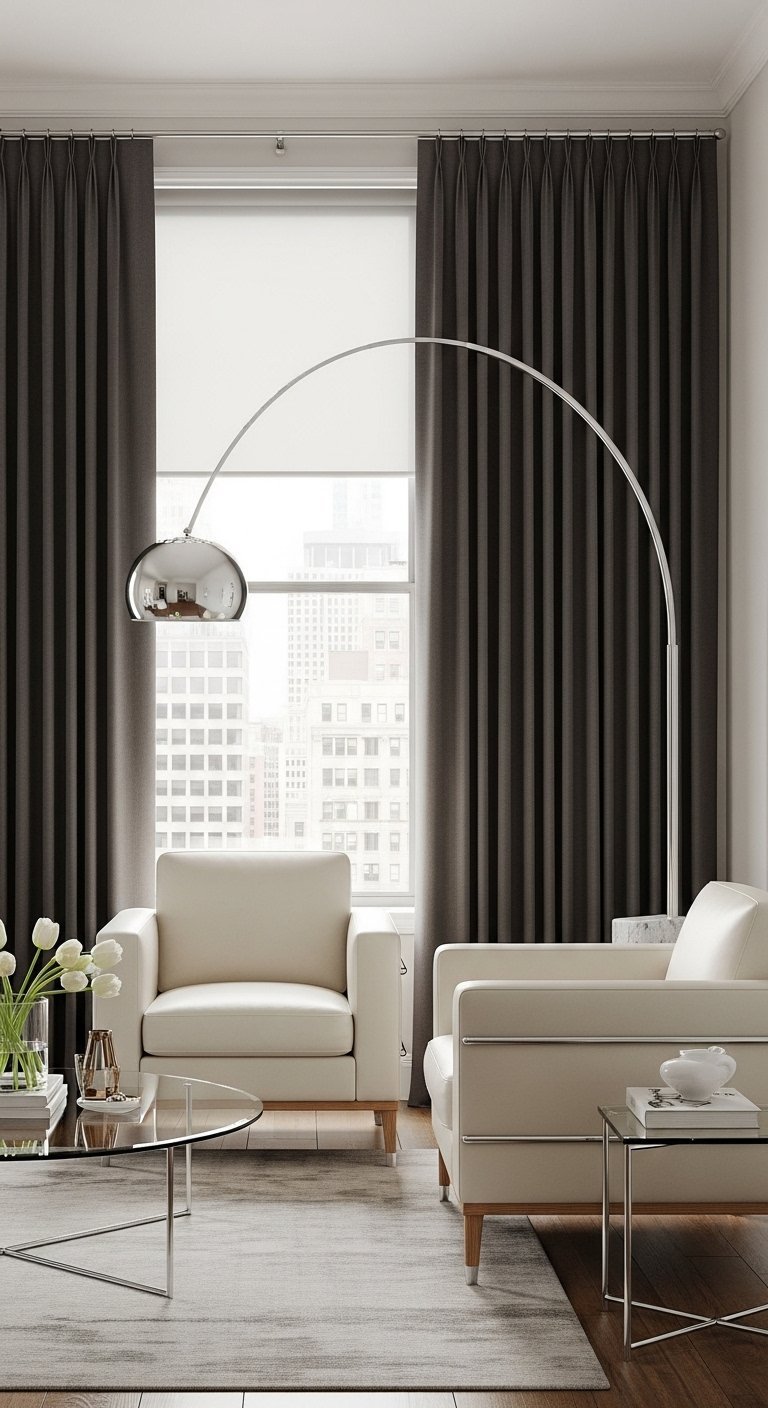 Longs rideaux gris anthracite dans un salon moderne avec des fauteuils en cuir blanc