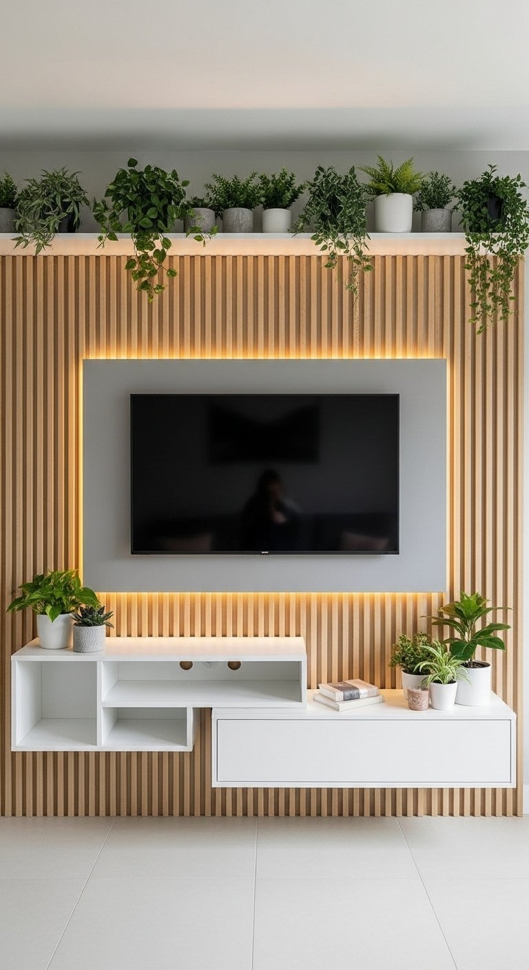 Mur TV avec tasseaux de bois clair et nombreuses plantes vertes