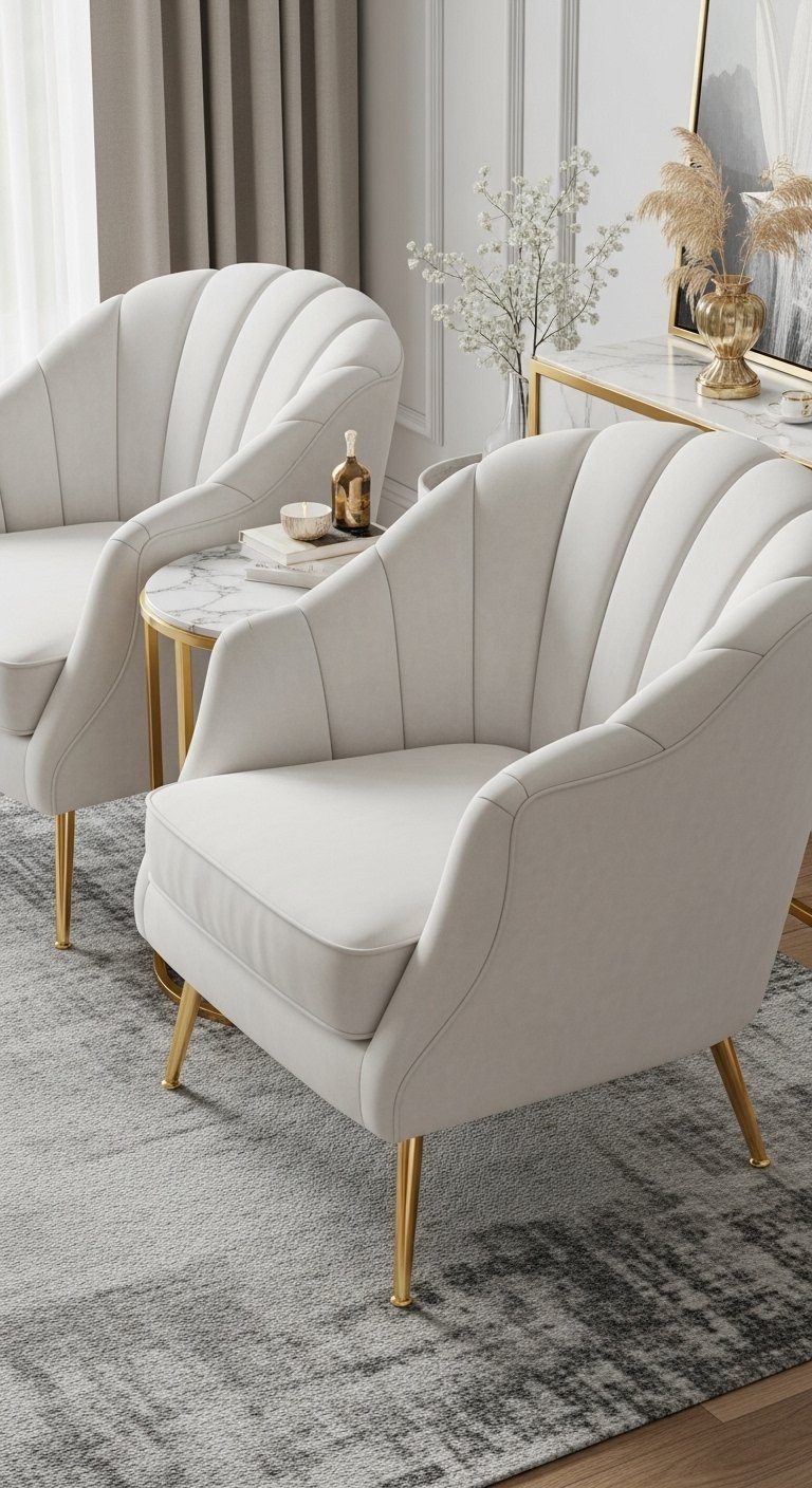 Paire de fauteuils en velours blanc cassé avec un dossier en forme de coquillage et des pieds dorés