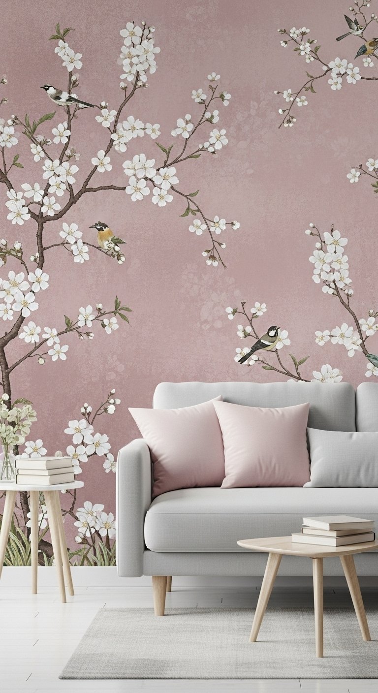 Papier peint panoramique rose avec fleurs de cerisier et oiseaux