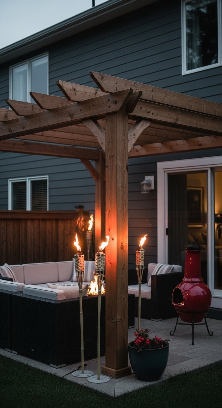 Pergola en bois avec canapé sectionnel et torches tiki allumées le soir