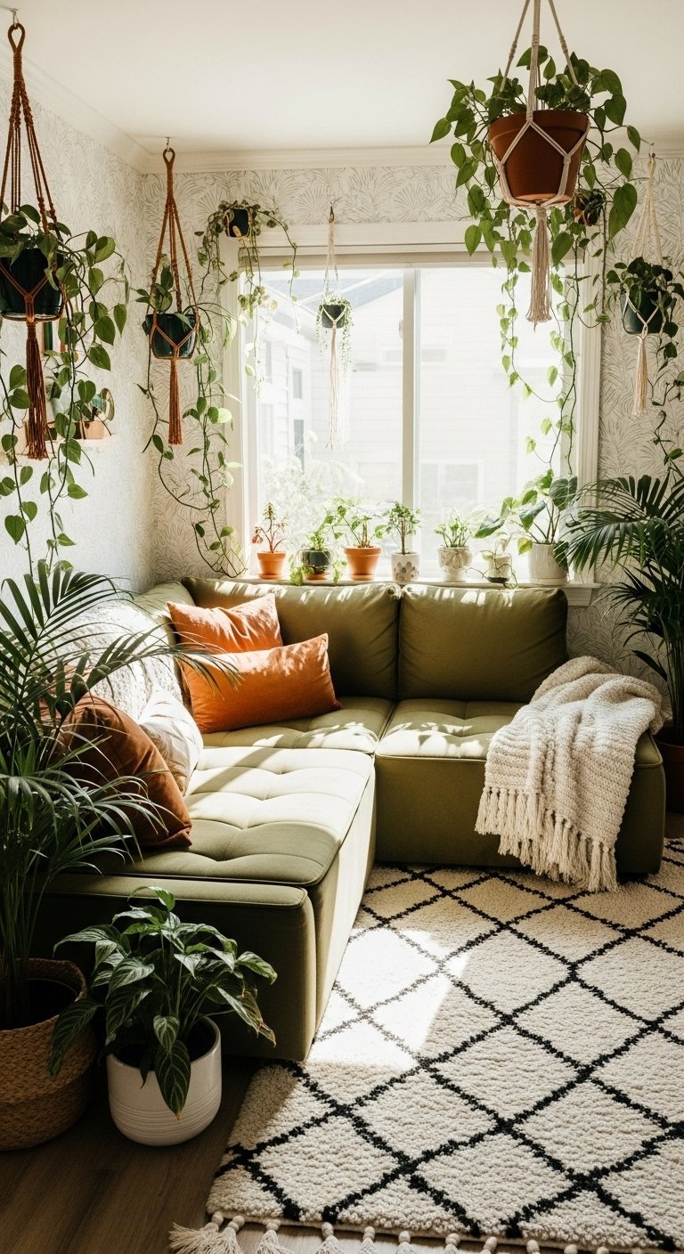 Petit salon lumineux avec canapé d angle vert et de nombreuses plantes