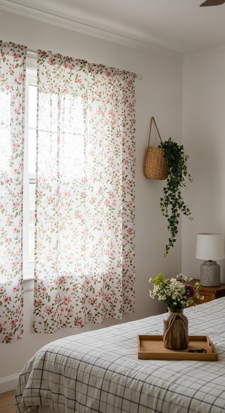 Rideaux voilages a motifs floraux roses dans une chambre lumineuse