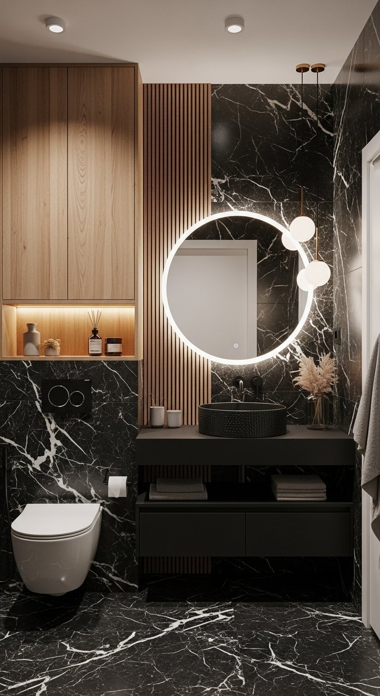 Salle de bain en marbre noir avec meuble en bois et miroir rond rétroéclairé