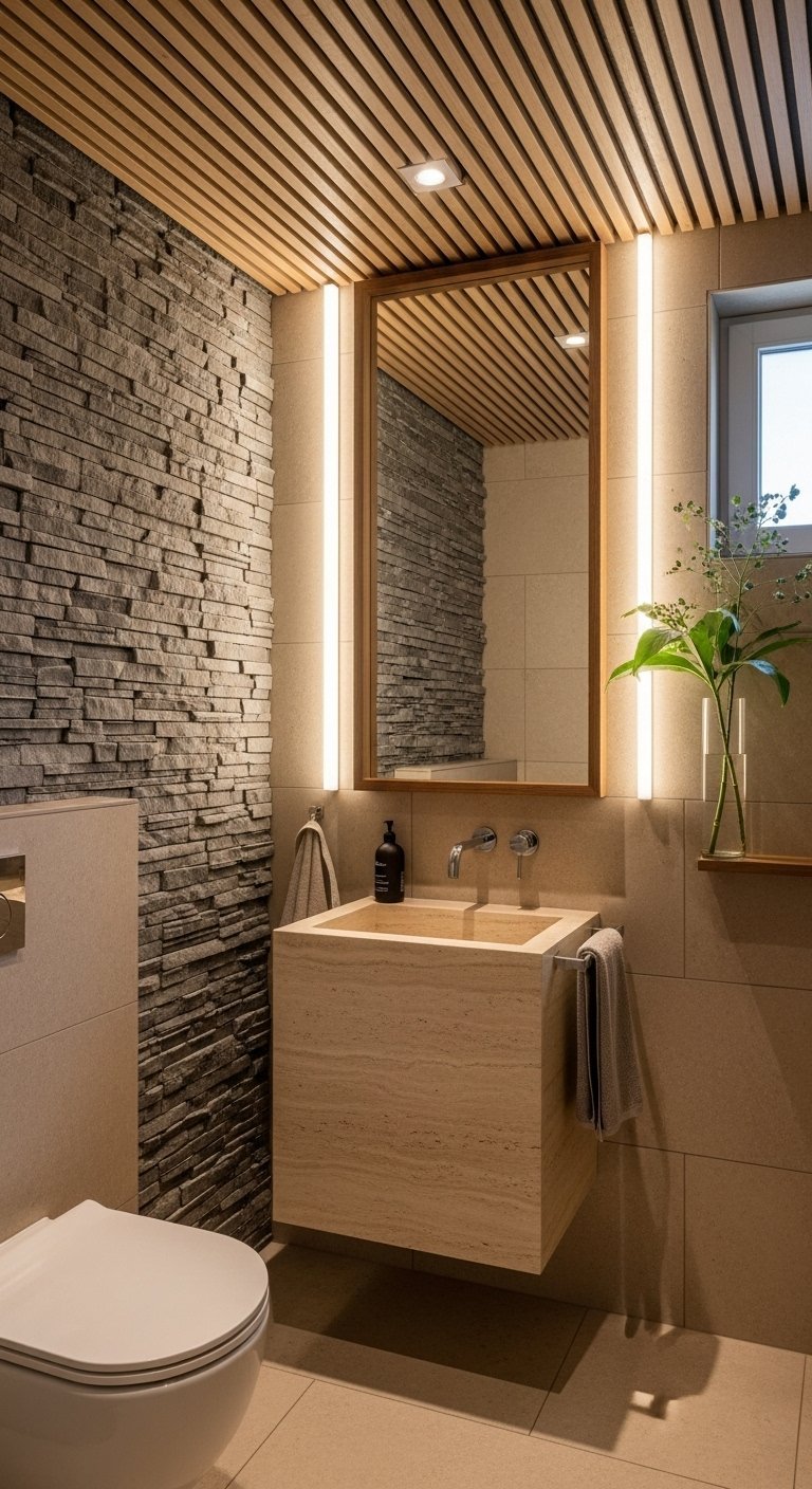 Salle de bain nature avec vasque en travertin et mur en pierre