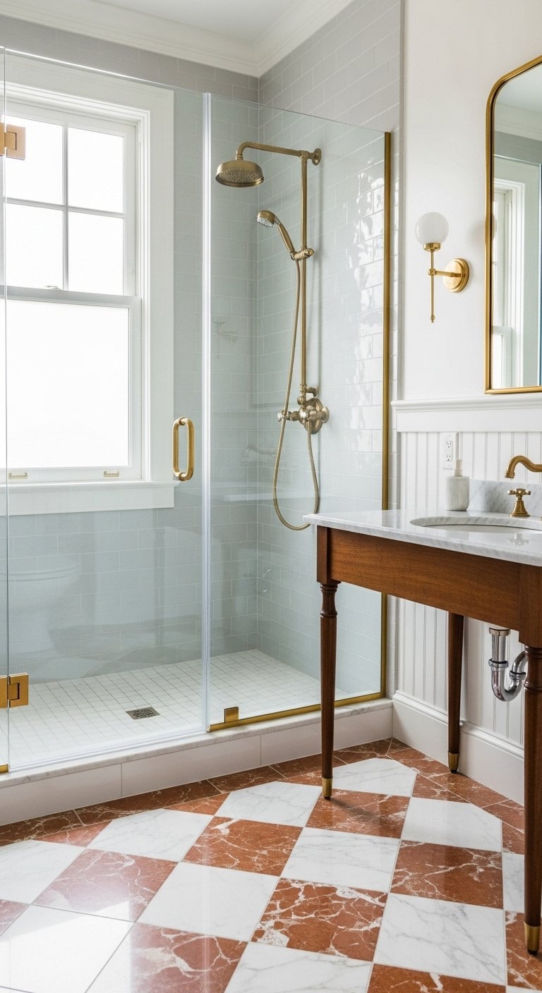Salle de bain tendance avec sol damier rouge et blanc meuble vasque en bois