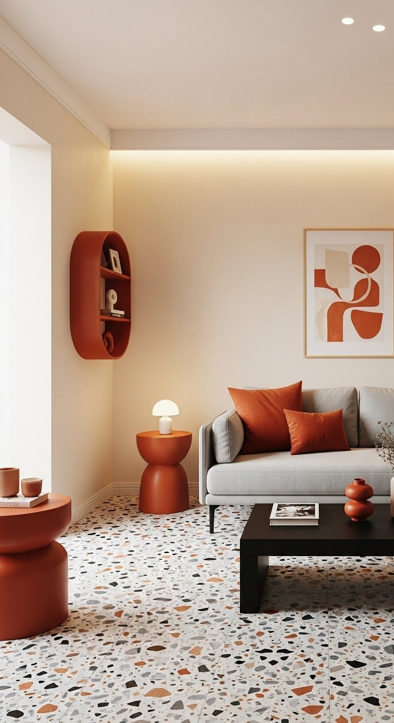 Salon avec mur creme et sol terrazzo et meubles couleur terracotta