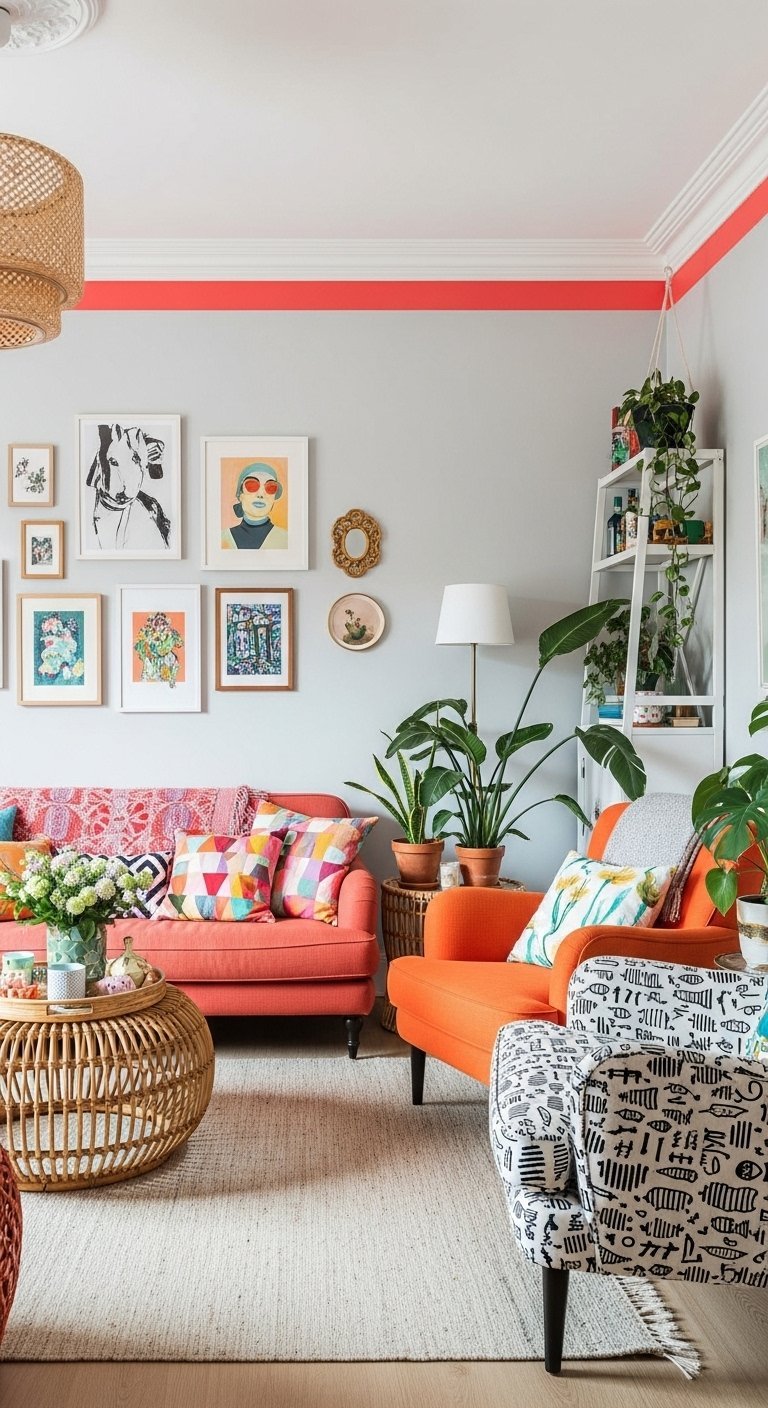 Salon eclectique avec murs gris clair et une bande de peinture corail