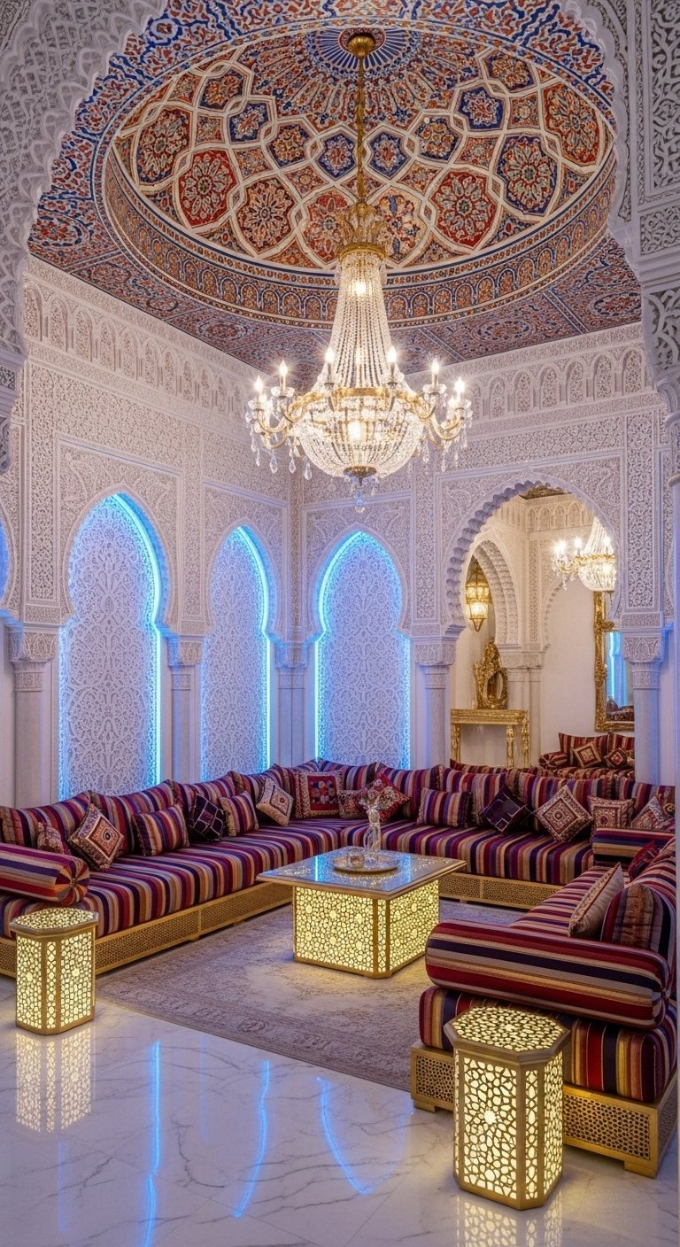 Salon marocain de luxe avec plafond en dôme peint et murs en plâtre sculpté