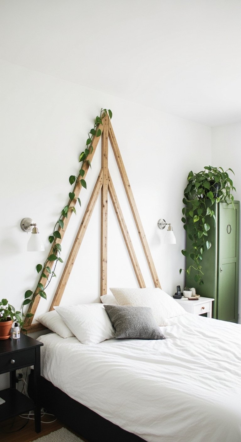 Structure en bois triangulaire servant de tete de lit avec une plante grimpante
