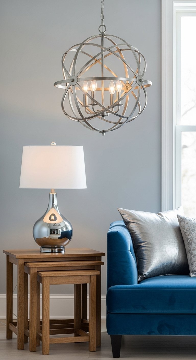 Suspension globe argentée et lampe de table chromée dans un salon