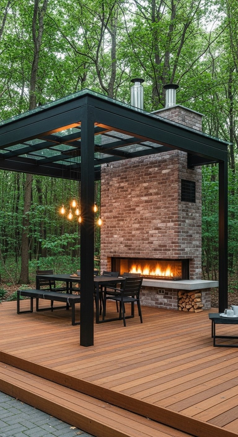 Terrasse couverte avec structure noire et grande cheminée en briques