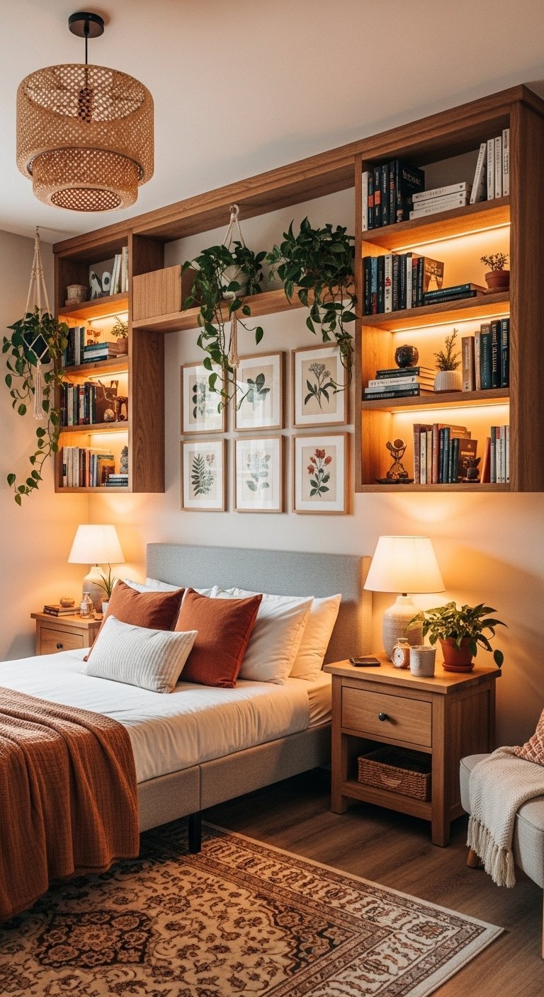 Tête de lit avec bibliothèque intégrée et éclairage chaleureux