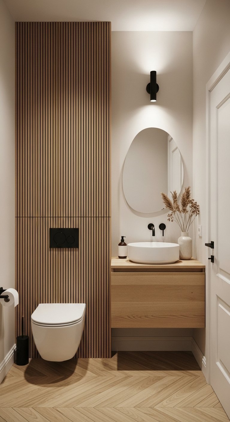 WC de style Japandi avec mur en tasseaux de bois clair et éléments noirs