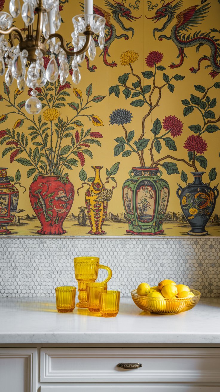 .Mur de cuisine avec un papier peint jaune vif d inspiration chinoise avec des vases