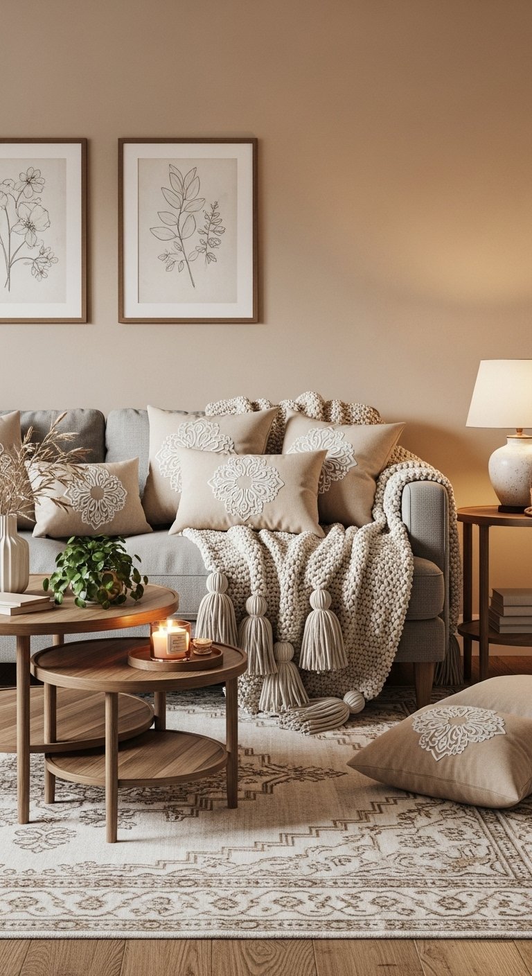 .Salon beige boheme chic avec plaid a pompons et coussins brodes