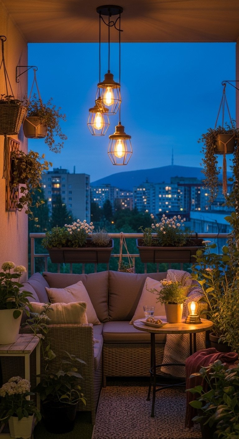 Balcon aménagé pour la soirée avec un canapé d angle et des suspensions lumineuses design