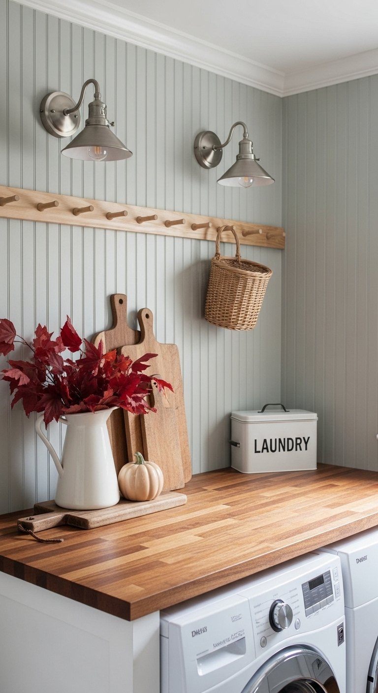 Buanderie style campagne chic avec plan de travail en bois et mur lambrisse