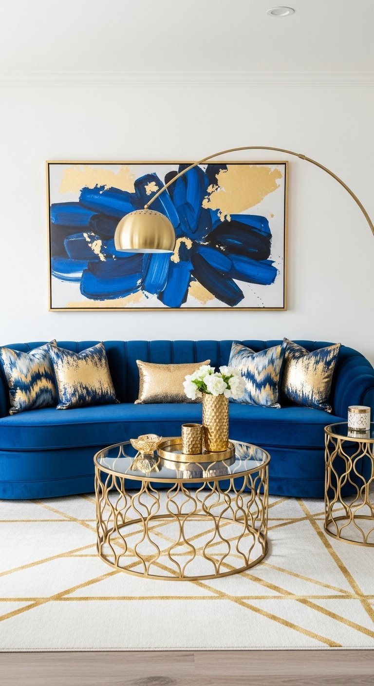 Canapé incurvé en velours bleu roi avec table basse et lampadaire dorés