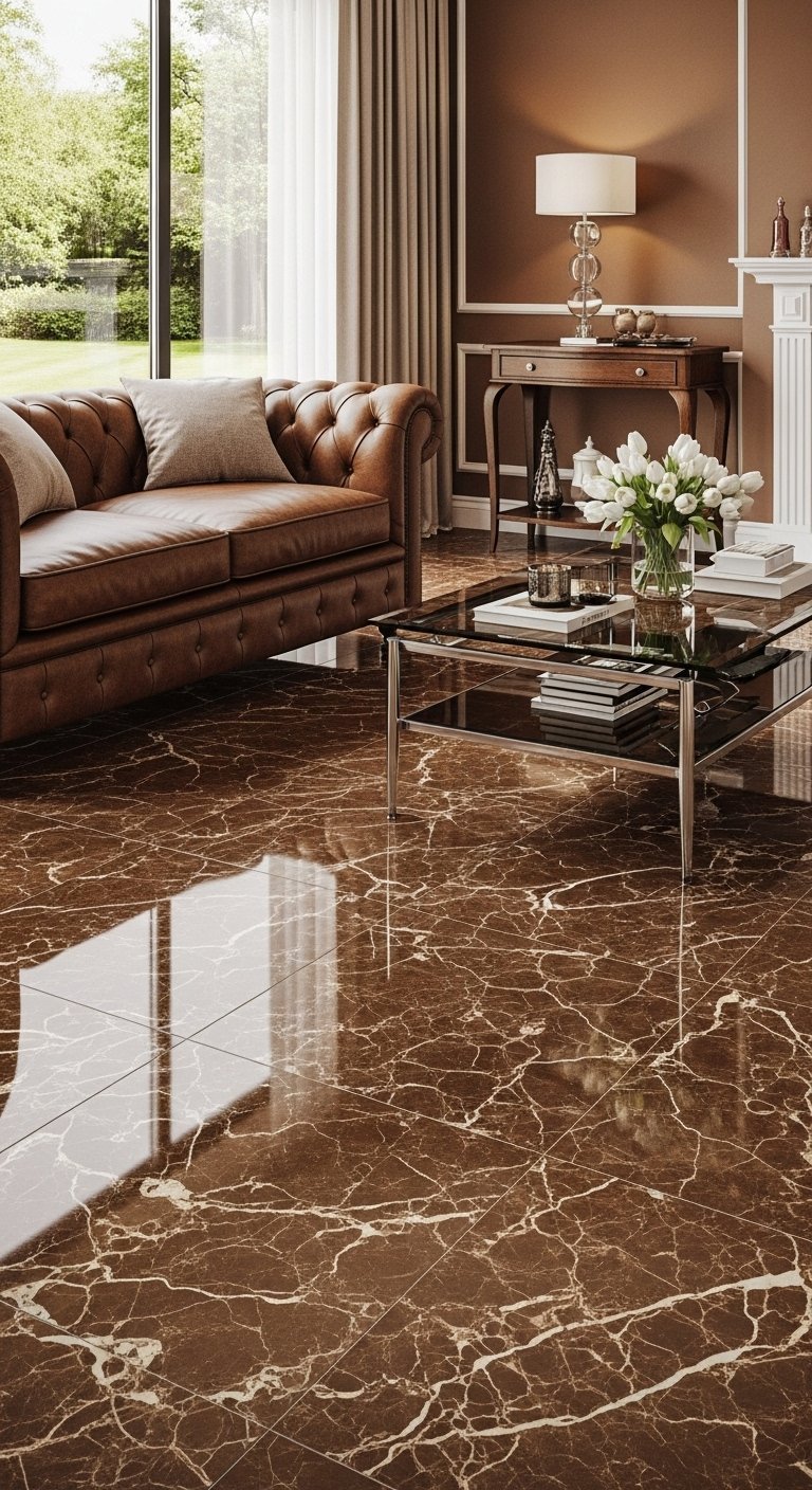 Carrelage brillant effet marbre brun foncé dans un salon classique