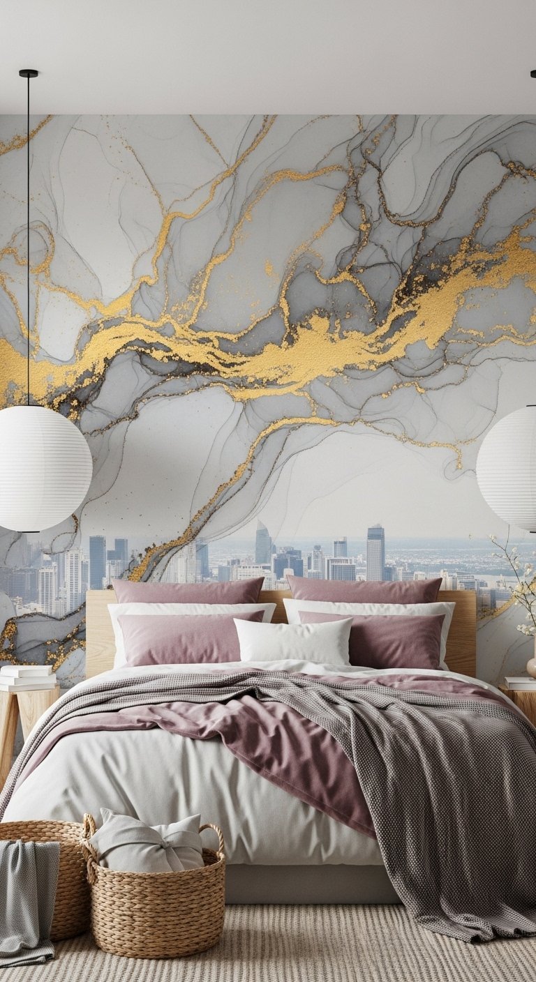 Chambre avec un papier peint panoramique effet marbre et or au dessus d un lit