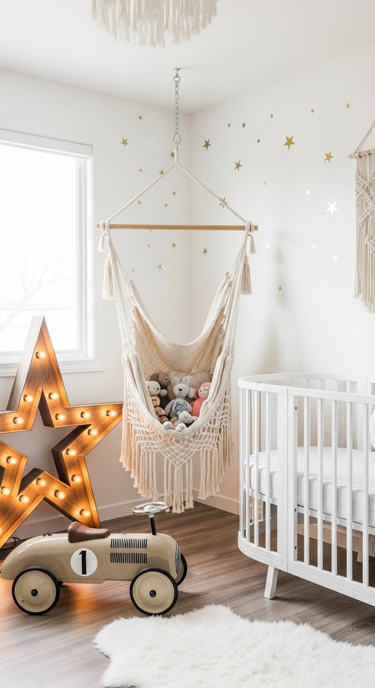Chambre bebe blanche avec fauteuil suspendu en macrame et grande etoile lumineuse