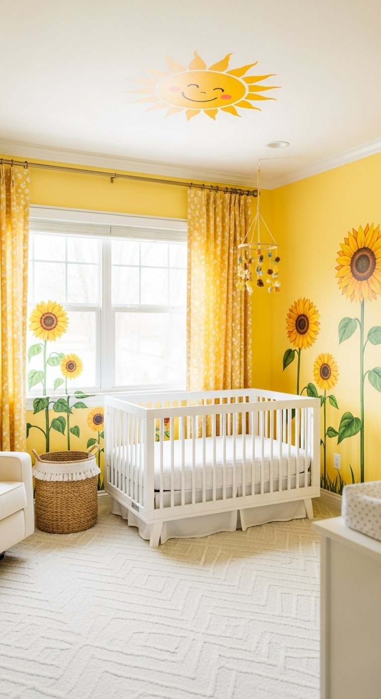 Chambre bébé jaune avec stickers muraux tournesol et soleil