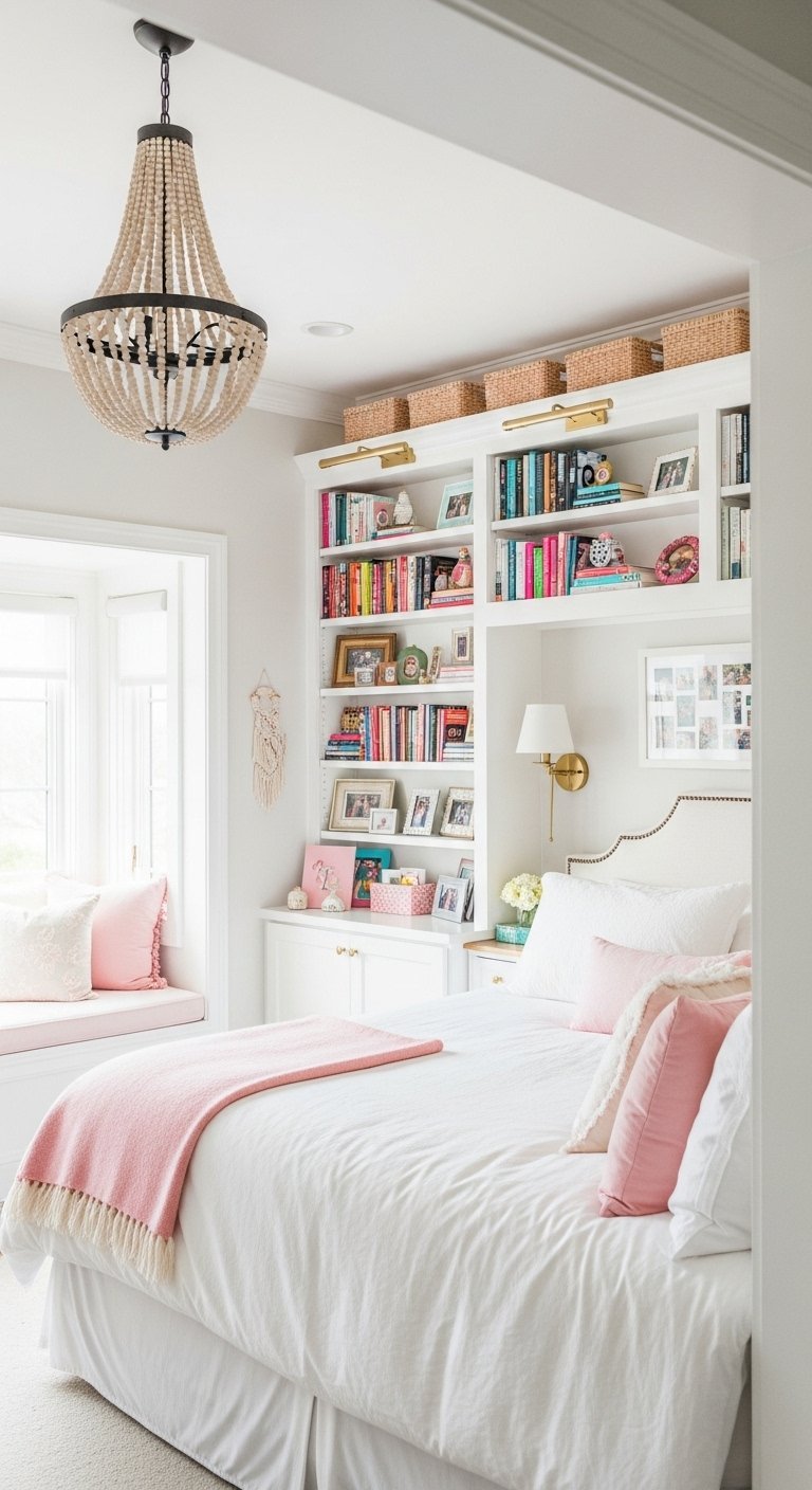 Chambre blanche et rose avec une grande bibliothèque intégrée autour du lit et un lustre en perles de bois