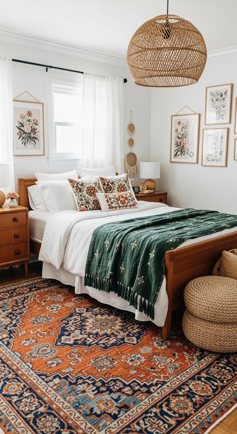 Chambre bohème avec lit en bois et tapis persan orange et bleu